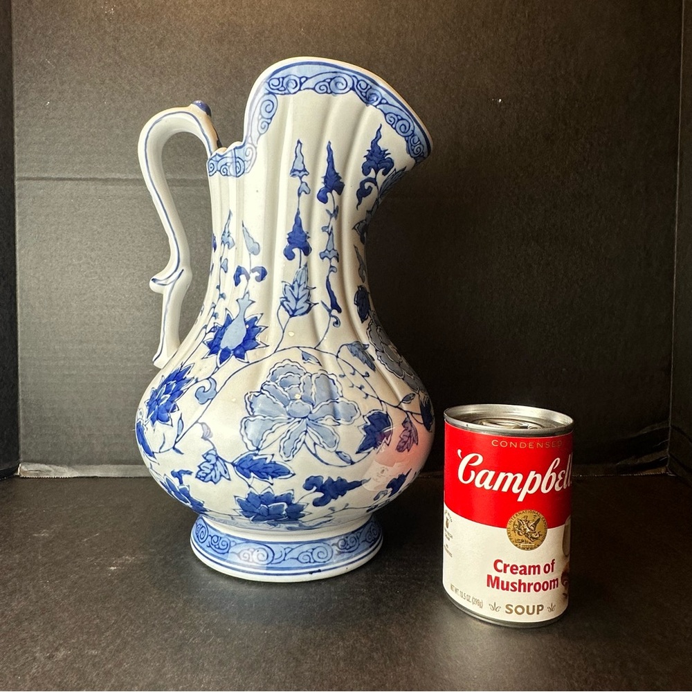 Vintage Andrea by Sadek 12" Vase Blue & White with Floral Lotis Flower Designs